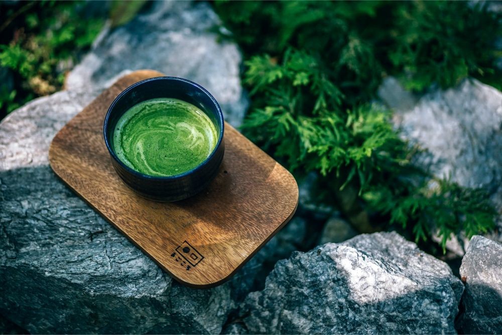Matcha Tea Served on a Wooden Board in Magokoro Japanese teahouse