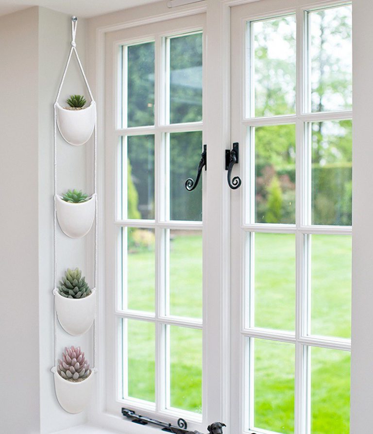 White Ceramic Rope Hanging Planter Set