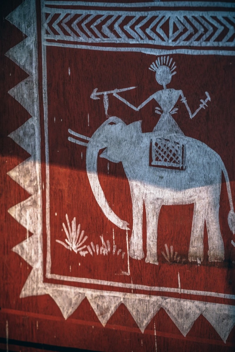 Red Tribal Elephant Painting on Wood