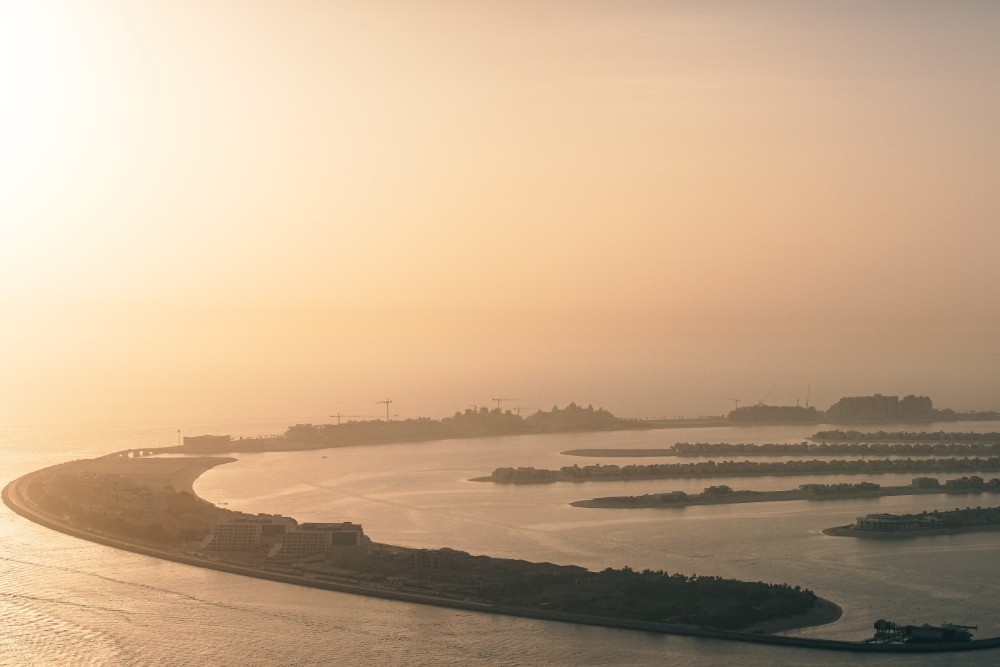 Aerial View of the Palm Jumeriah Islands in Dubai at Sunset