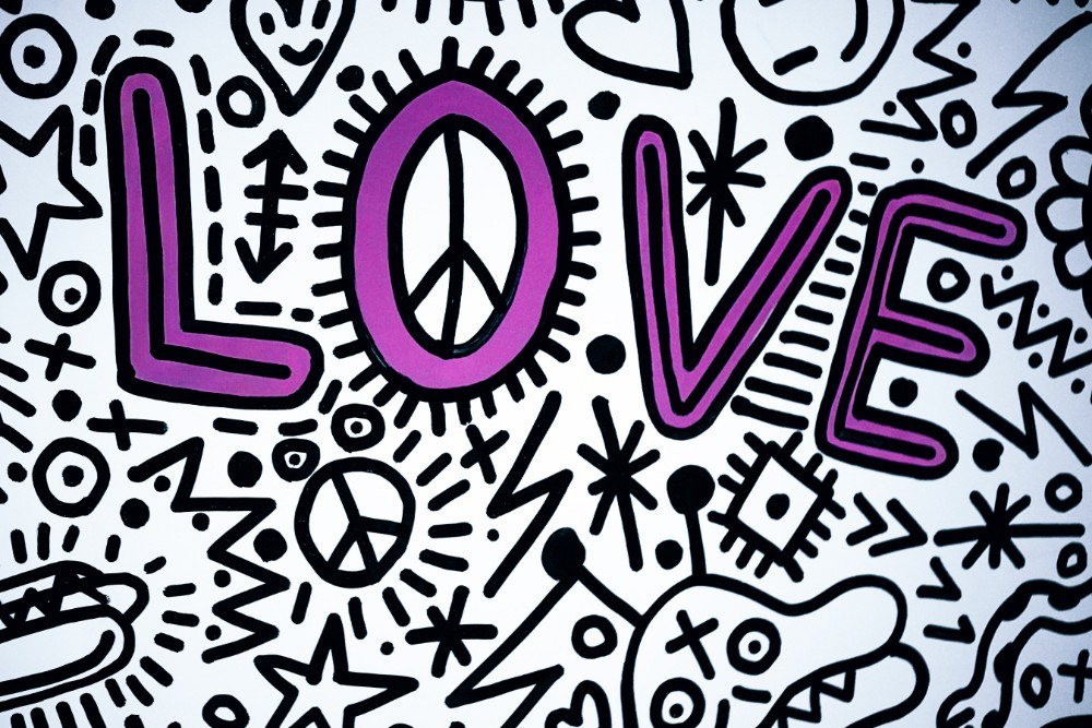 Black and White Doodle Art with Pink Love Text