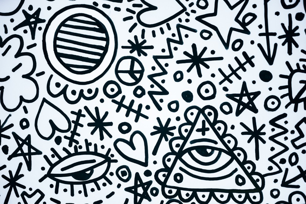 Black and White Doodle Art with an Illuminati Symbol