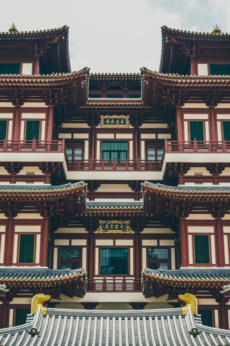 Dark Red Chinese Temple with Golden Decorations in Singapore