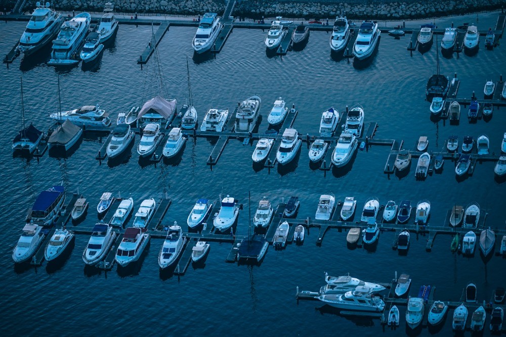 Docked Boats in Dubai at Sunrise pictured from Above