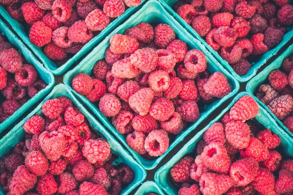 Close-up shot of Fresh Raspberries in Teal Buckets