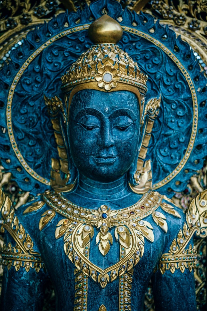 Close up Shot of a Blue and Golden Buddhist Statue inside Doi Suthep Temple