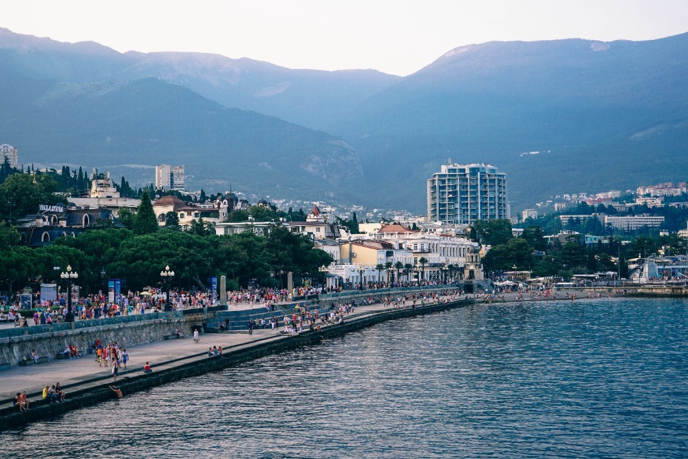 The Busy Coast in Yalta with the Mountains in the Background