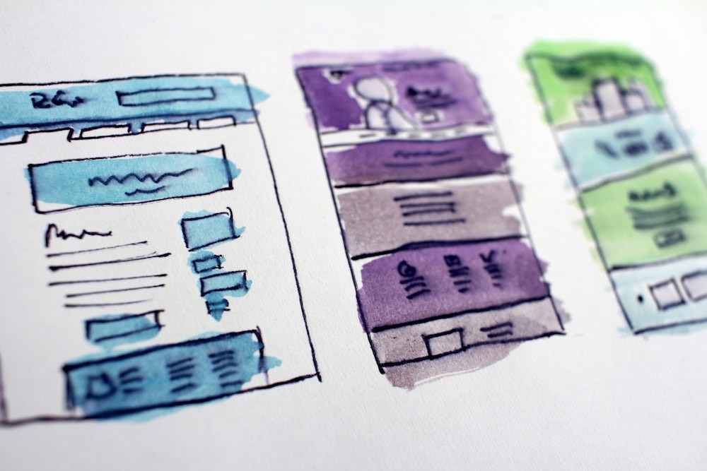Watercolored wireframe mockup sketch