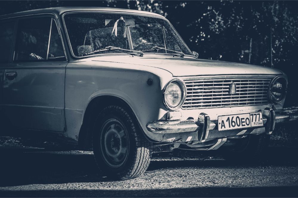 Black and White Photography of a Vintage Car