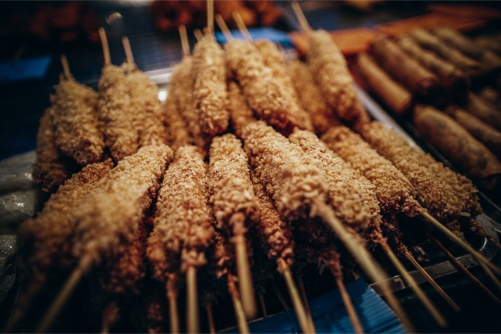 Fried Food on Wooden Sticks for Sale at the Phantip Night Market