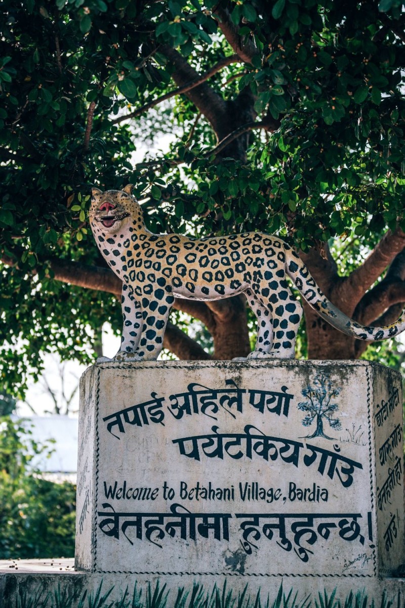 Leopard Statue Welcoming Visitors to the Betahani Village in Nepal