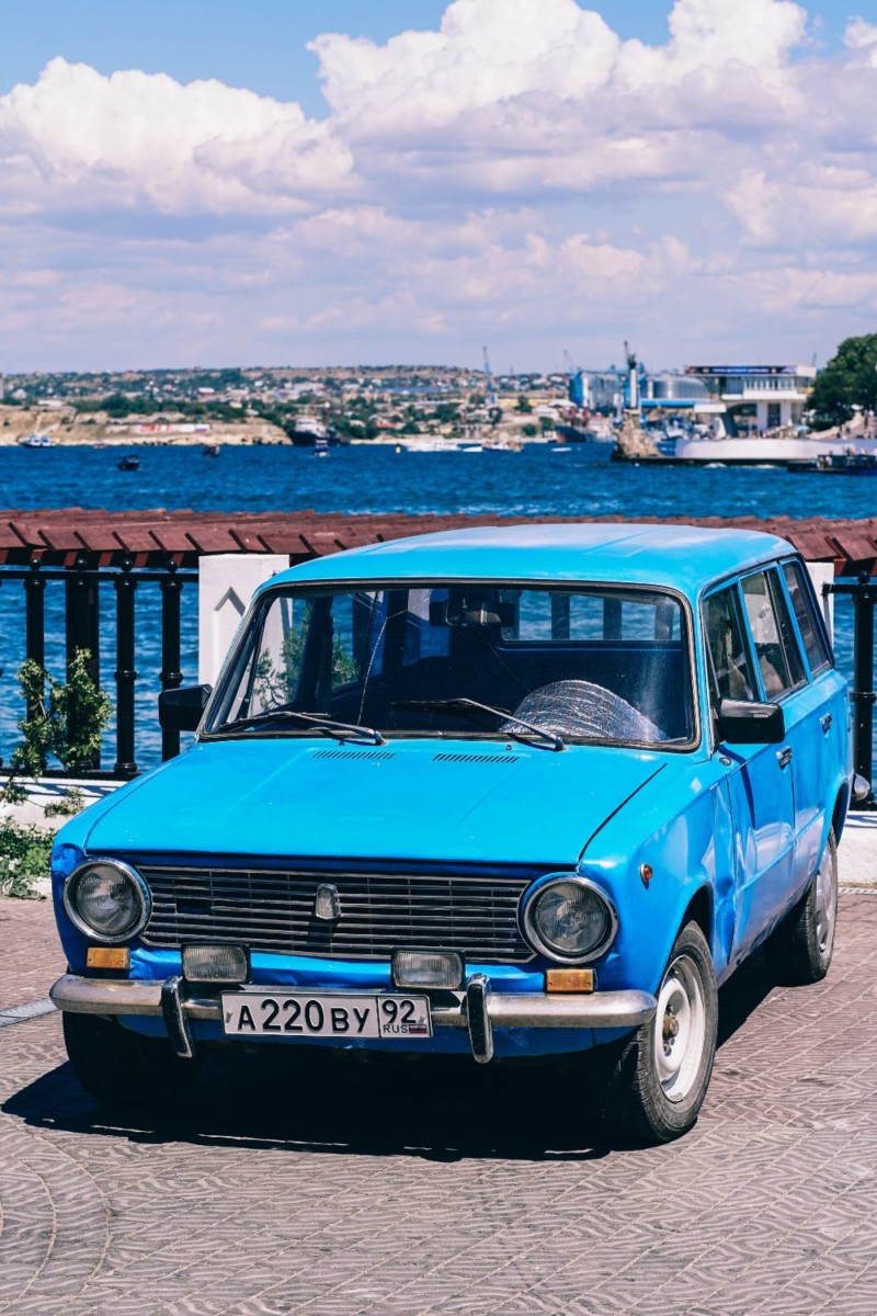 Vintage Blue Car by the Shore in Sevastopol