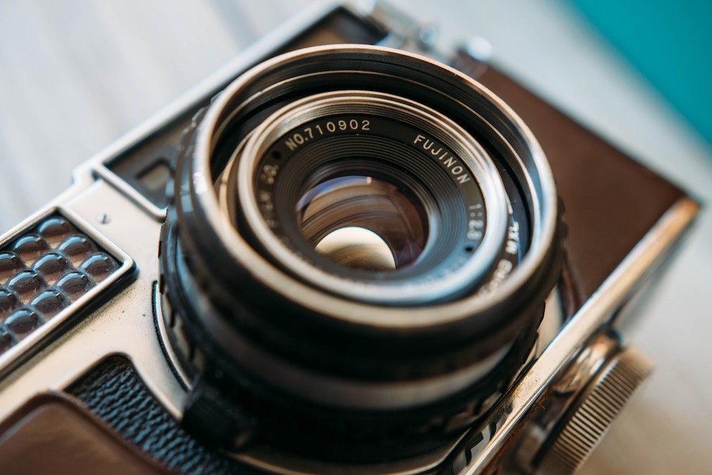 close up photography of an old film camera