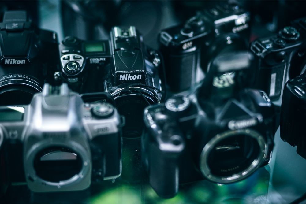 Vintage Nikon Cameras for Sale in an Electronics Shop