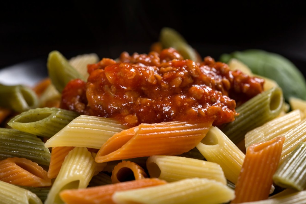 colored penne pasta with ragu sauce PLRC