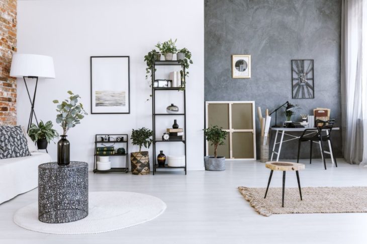 grey home office with plants PCKUJP