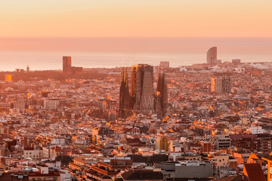 sunrise view of barcelona spain panoramic view of VKJZYA