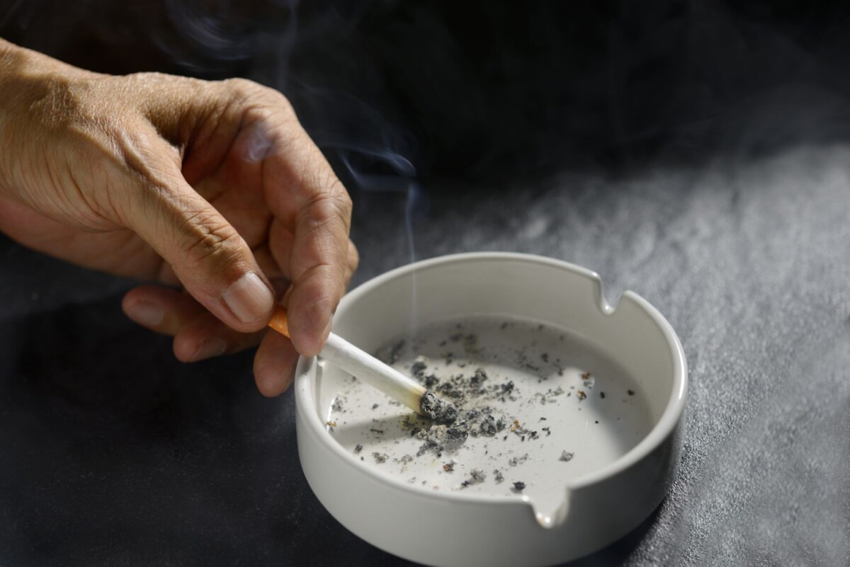 hand putting the cigarette on an ashtray pygmd