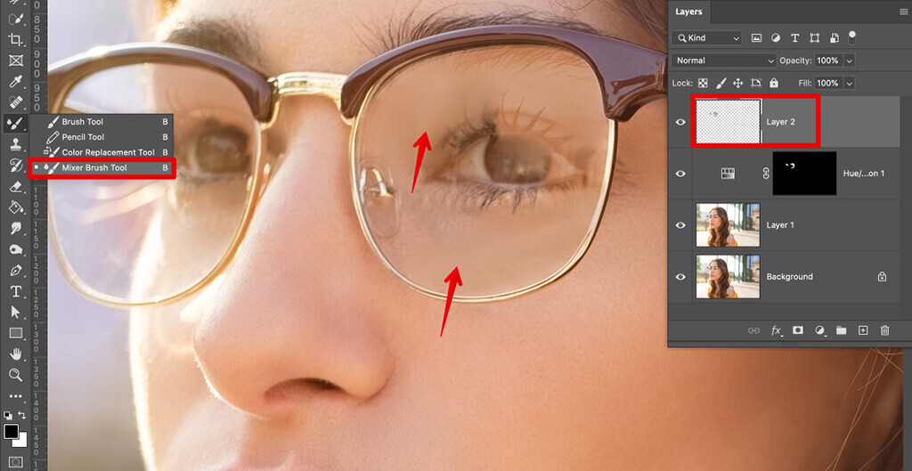 remove glare from photo glasses mixer brush tool