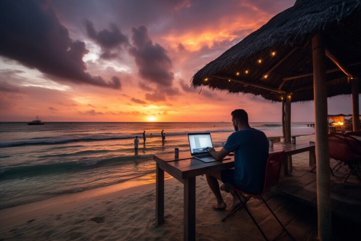 digital nomad working on his laptop during sunset